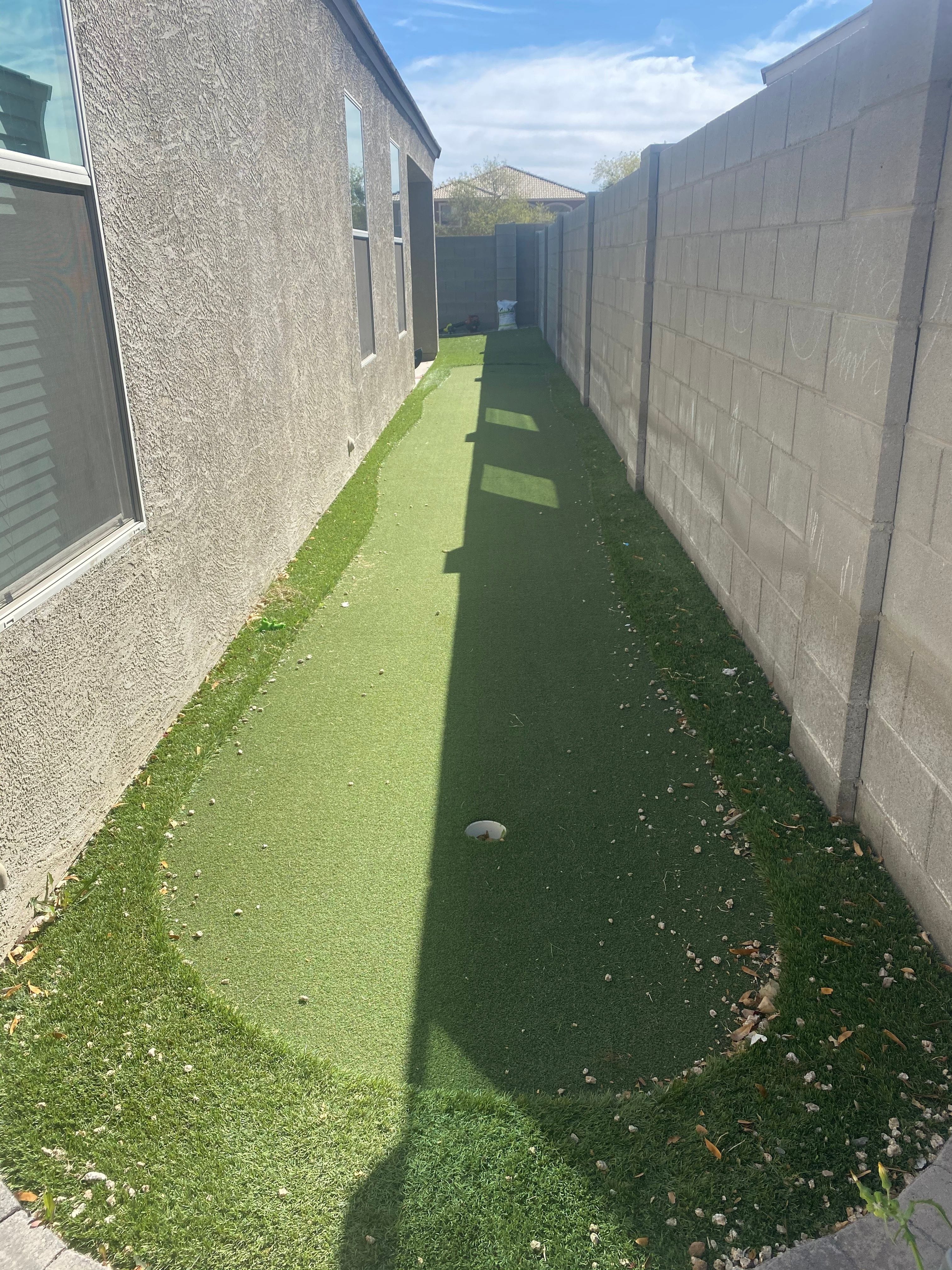 Narrow side yard artificial turf before professional cleaning by Zeo Turf Cleaning
